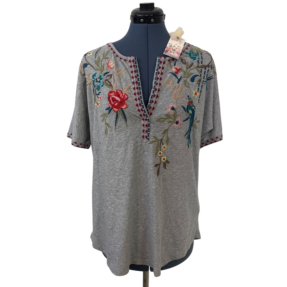 Johnny Was Gensia Knit Henley Gray Floral Bird Embroidered T Shirt Boho S NEW